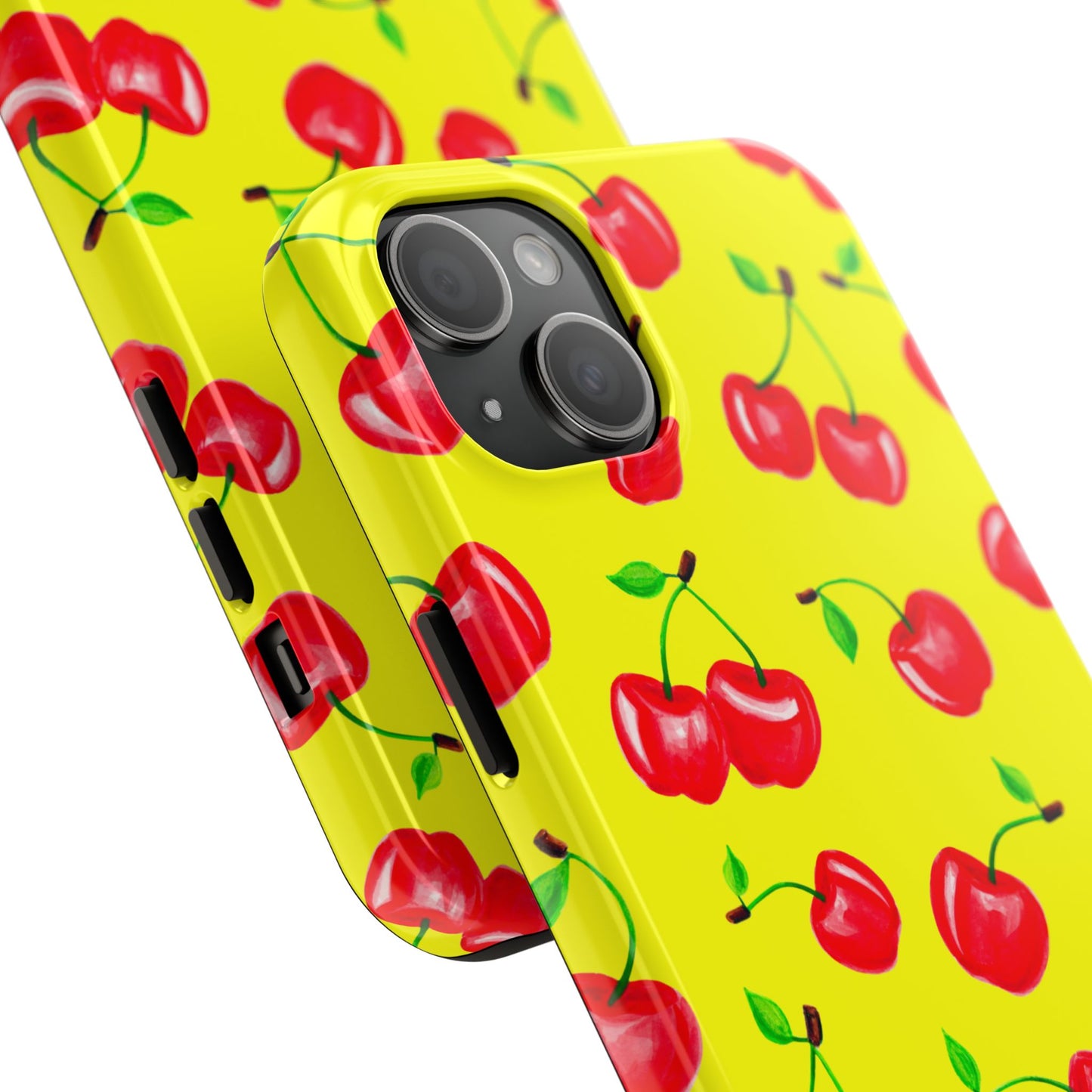 Tossed Red Watercolor Cherries Illustrated Pattern Bright Yellow Tough Phone Case | Various Models