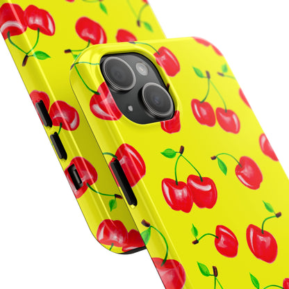 Tossed Red Watercolor Cherries Illustrated Pattern Bright Yellow Tough Phone Case | Various Models