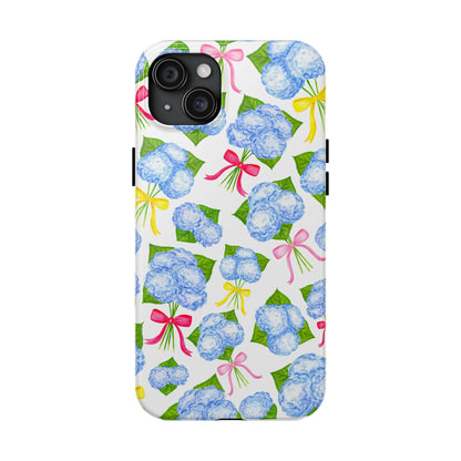 Blue Watercolor Hydrangea Bunches with Hot Pink, Yellow, Light Pink Bows Illustrated Patterned Tough Phone Case | Various Models