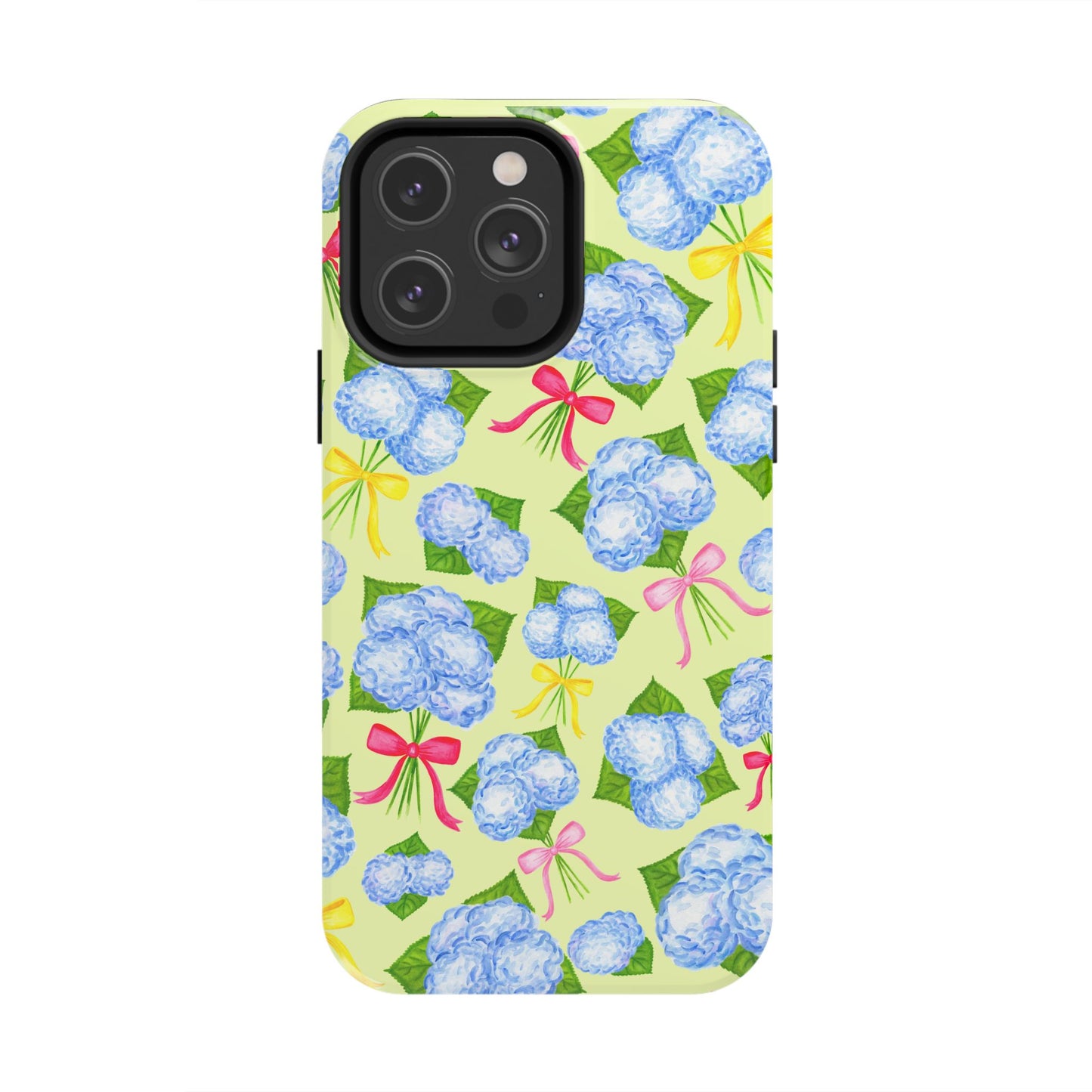 Blue Watercolor Hydrangea Bunches with Hot Pink, Yellow, Light Pink Bows Illustrated Patterned Yellow Tough Phone Case | Various Models