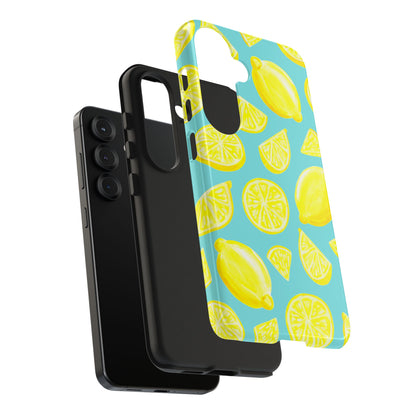 Bright Yellow Lemons Watercolor Illustrated Tossed Pattern Turquoise Blue Tough Phone Case | Various Models