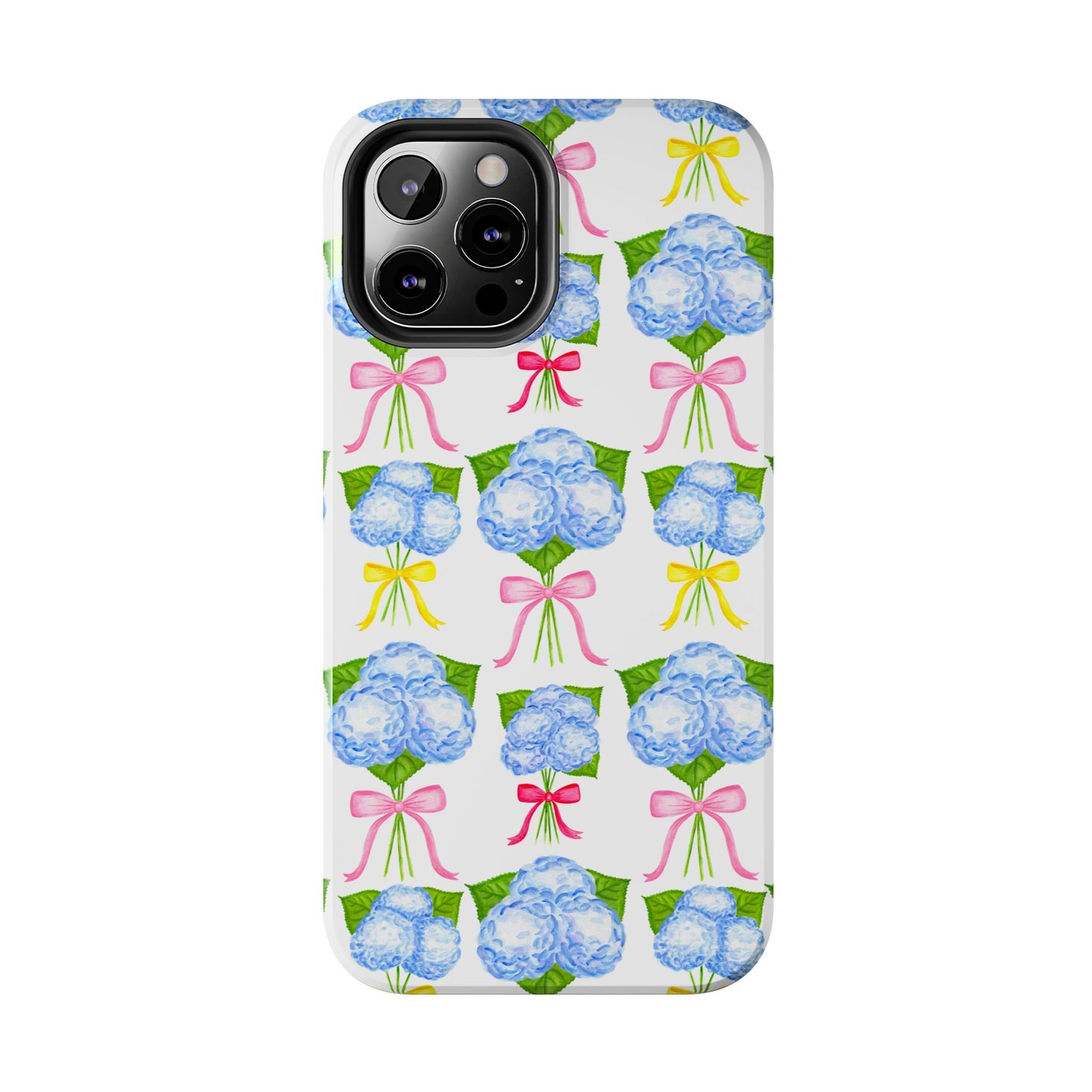 Blue Hydrangeas with Hot Pink, Yellow, Light Pink Bows Watercolor Illustrated Patterned Tough Phone Case | Various Models