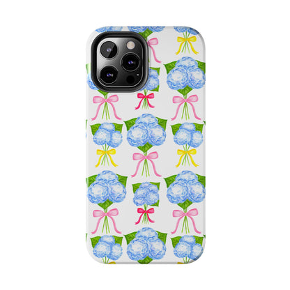 Blue Hydrangeas with Hot Pink, Yellow, Light Pink Bows Watercolor Illustrated Patterned Tough Phone Case | Various Models