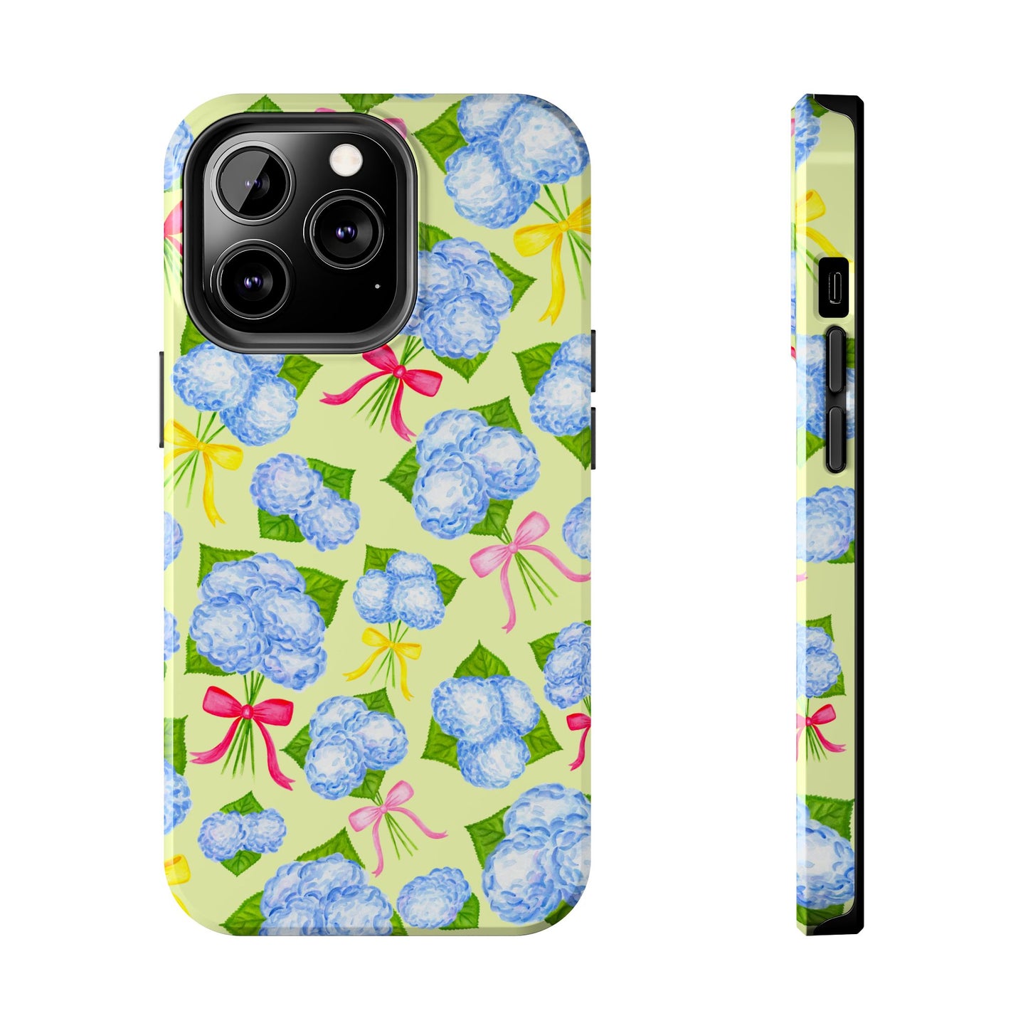 Blue Watercolor Hydrangea Bunches with Hot Pink, Yellow, Light Pink Bows Illustrated Patterned Yellow Tough Phone Case | Various Models