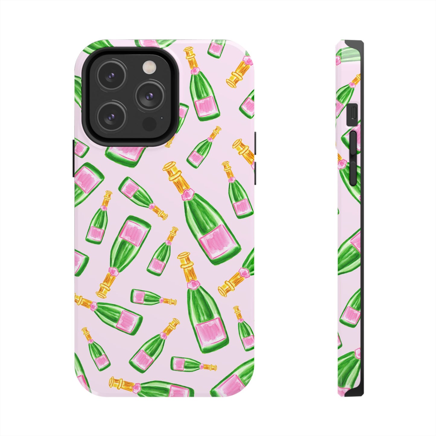Tossed Pink and Green Watercolor Illustrated Champagne Bottles Pattern Blush Pink Tough Phone Case | Various Models