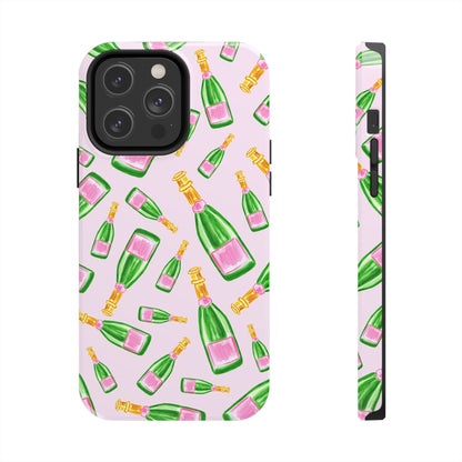 Tossed Pink and Green Watercolor Illustrated Champagne Bottles Pattern Blush Pink Tough Phone Case | Various Models