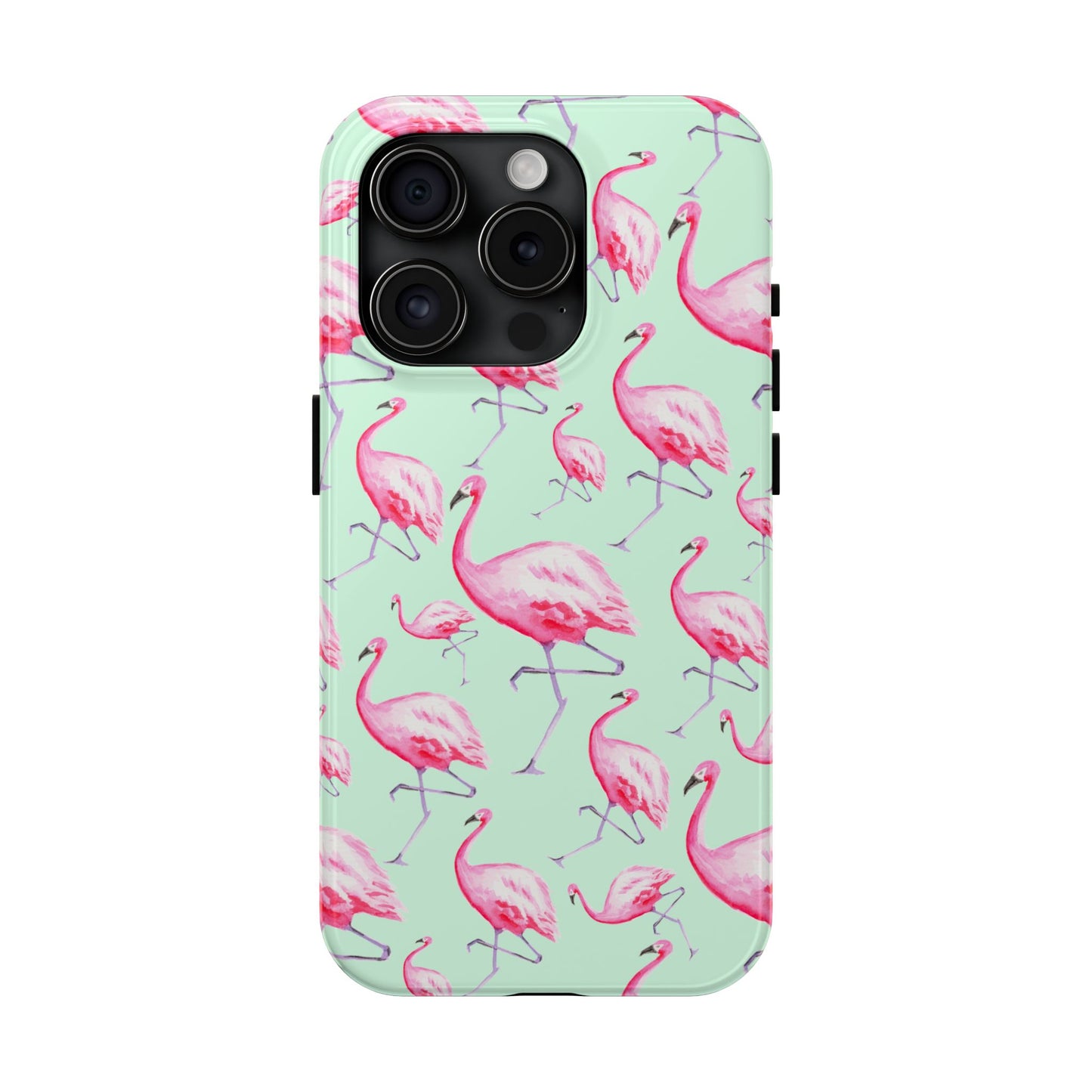 Pink Flamingos Watercolor Illustrated Tossed Pattern Green Phone Case | Various Models iPhone 15 Pro