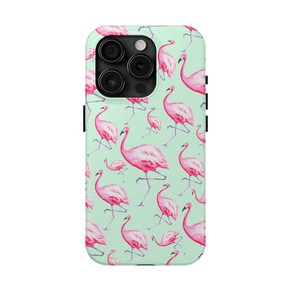 Pink Flamingos Watercolor Illustrated Tossed Pattern Green Phone Case | Various Models iPhone 15 Pro
