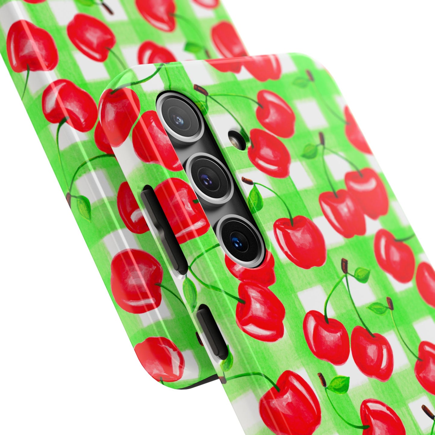 Red Tossed Cherries Green Gingham Watercolor Illustrated Tough Phone Case | Various Models Available