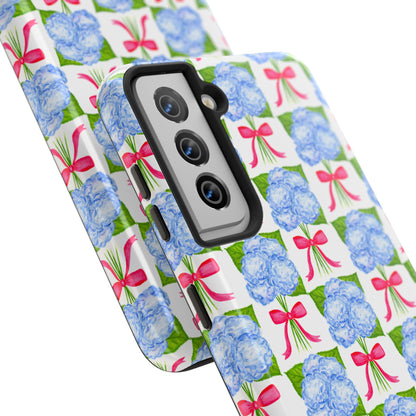 Blue Watercolor Hydrangea Bouquets with Hot Pink Bows Illustrated Patterned Tough Phone Case | Various Models
