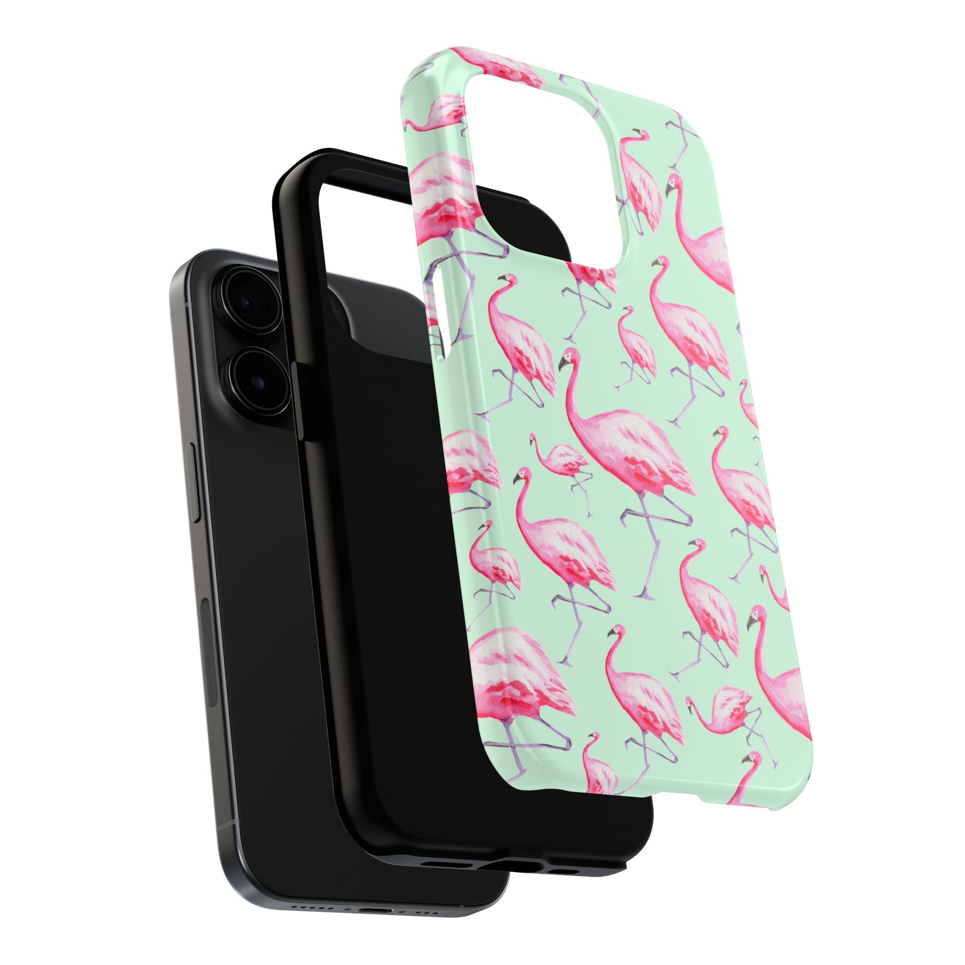 Pink Flamingos Watercolor Illustrated Tossed Pattern Green Phone Case | Various Models
