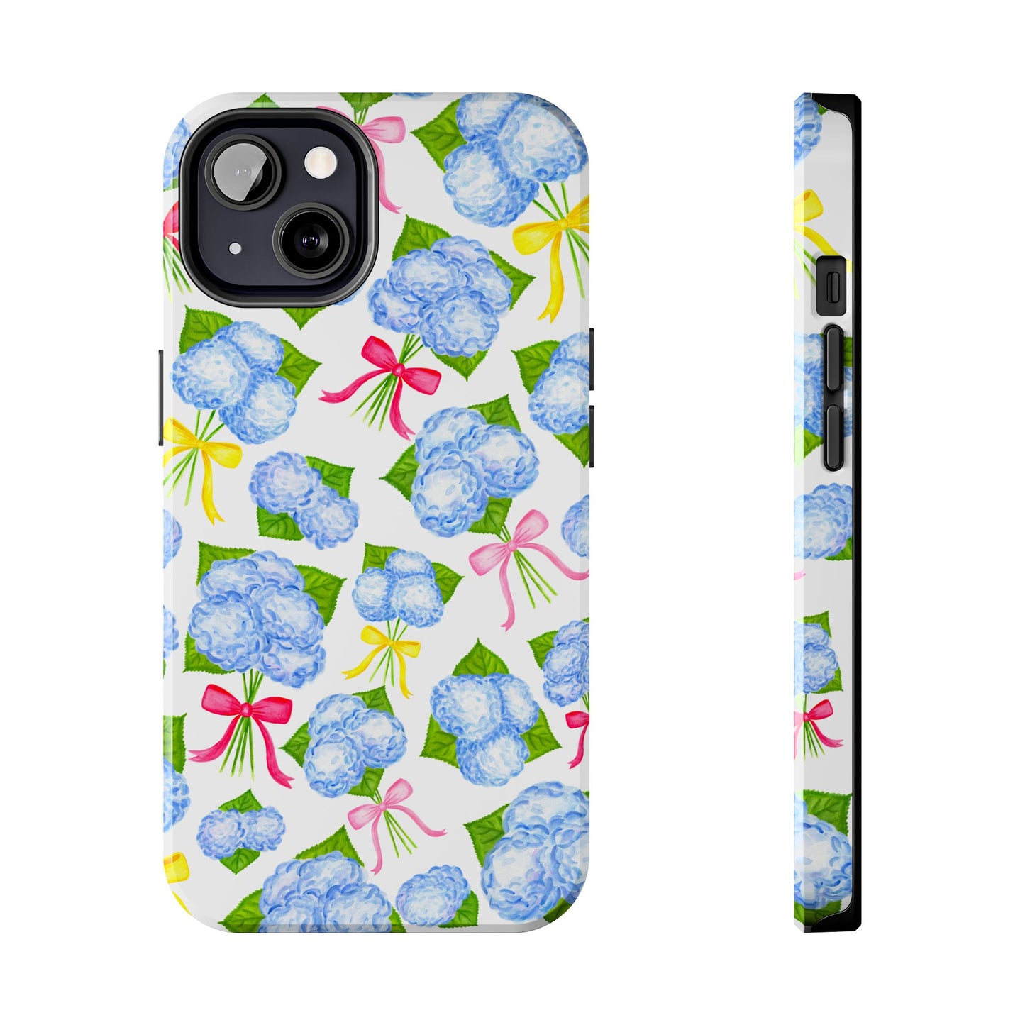 Blue Watercolor Hydrangea Bunches with Hot Pink, Yellow, Light Pink Bows Illustrated Patterned Tough Phone Case | Various Models