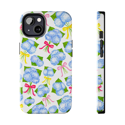 Blue Watercolor Hydrangea Bunches with Hot Pink, Yellow, Light Pink Bows Illustrated Patterned Tough Phone Case | Various Models