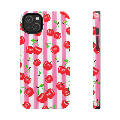 Tossed Red Watercolor Cherries Illustrated Pattern Light Pink Stripes Tough Phone Case | Various Models