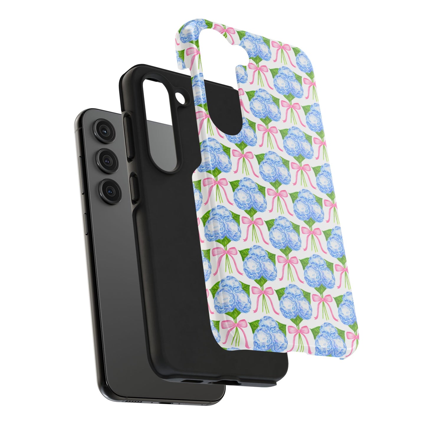 Blue Watercolor Hydrangea Bouqets with Light Pink Bows Watercolor Illustrated Patterned Tough Phone Case | Various Models