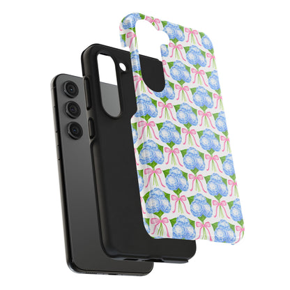 Blue Watercolor Hydrangea Bouqets with Light Pink Bows Watercolor Illustrated Patterned Tough Phone Case | Various Models