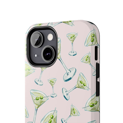 Watercolor Blue and Green Martinis Tossed Illustrated Pattern Blush Pink Tough Phone Case | Various Models