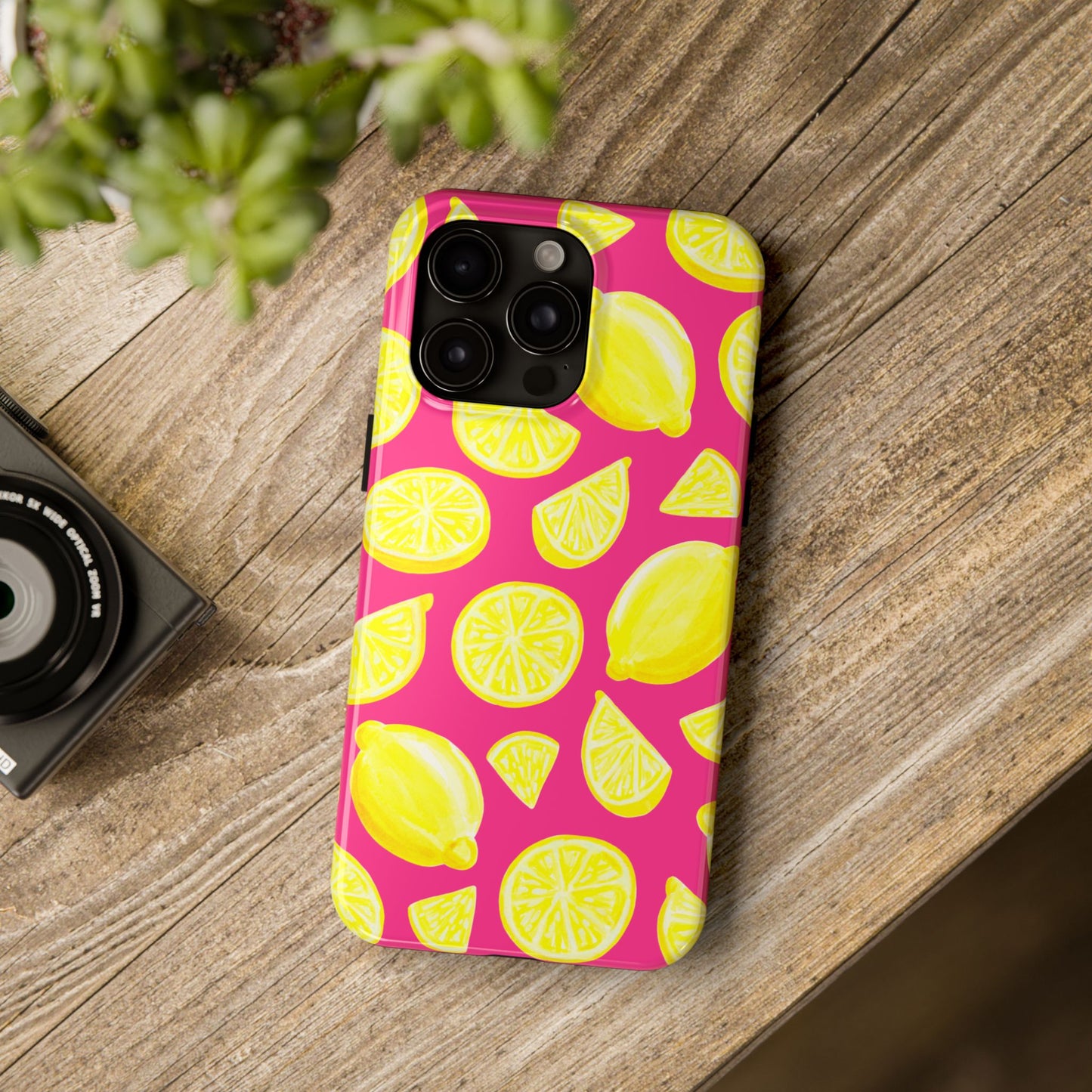 Bright Yellow Lemons Watercolor Illustrated Tossed Pattern Watermelon Pink Tough Phone Case | Various Models