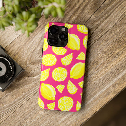 Bright Yellow Lemons Watercolor Illustrated Tossed Pattern Watermelon Pink Tough Phone Case | Various Models
