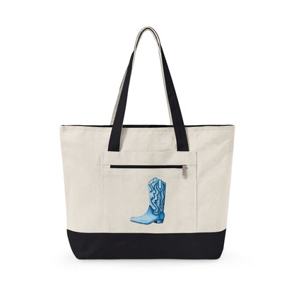 Navy Blue Cowboy Boot Watercolor Printed Zippered Canvas Tote 18" x 14" | Various Colors