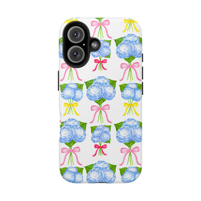 Blue Hydrangeas with Hot Pink, Yellow, Light Pink Bows Watercolor Illustrated Patterned Tough Phone Case | Various Models