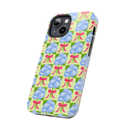 Blue Watercolor Hydrangea Bouquets with Hot Pink Bows Illustrated Patterned Yellow Preppy Grand Millenial Tough Phone Case | Various Models