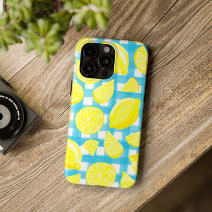 Yellow Lemons & Turquoise Gingham Watercolor Illustrated Tough Phone Case | Various Models Available