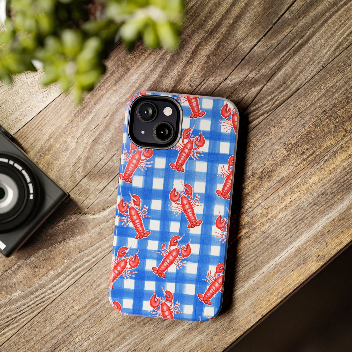 Blue Gingham Red Lobster Watercolor Patterned Phone Case | Various Models