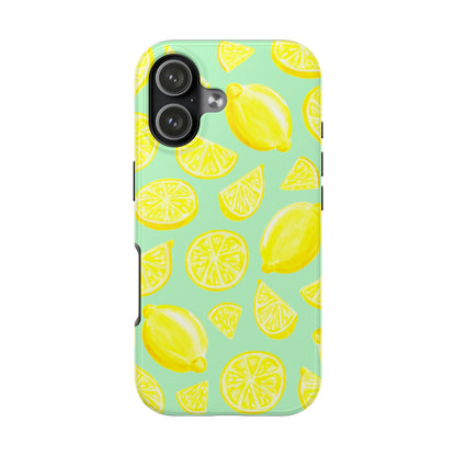 Bright Yellow Lemons Watercolor Illustrated Tossed Pattern Mint Green Tough Phone Case | Various Models