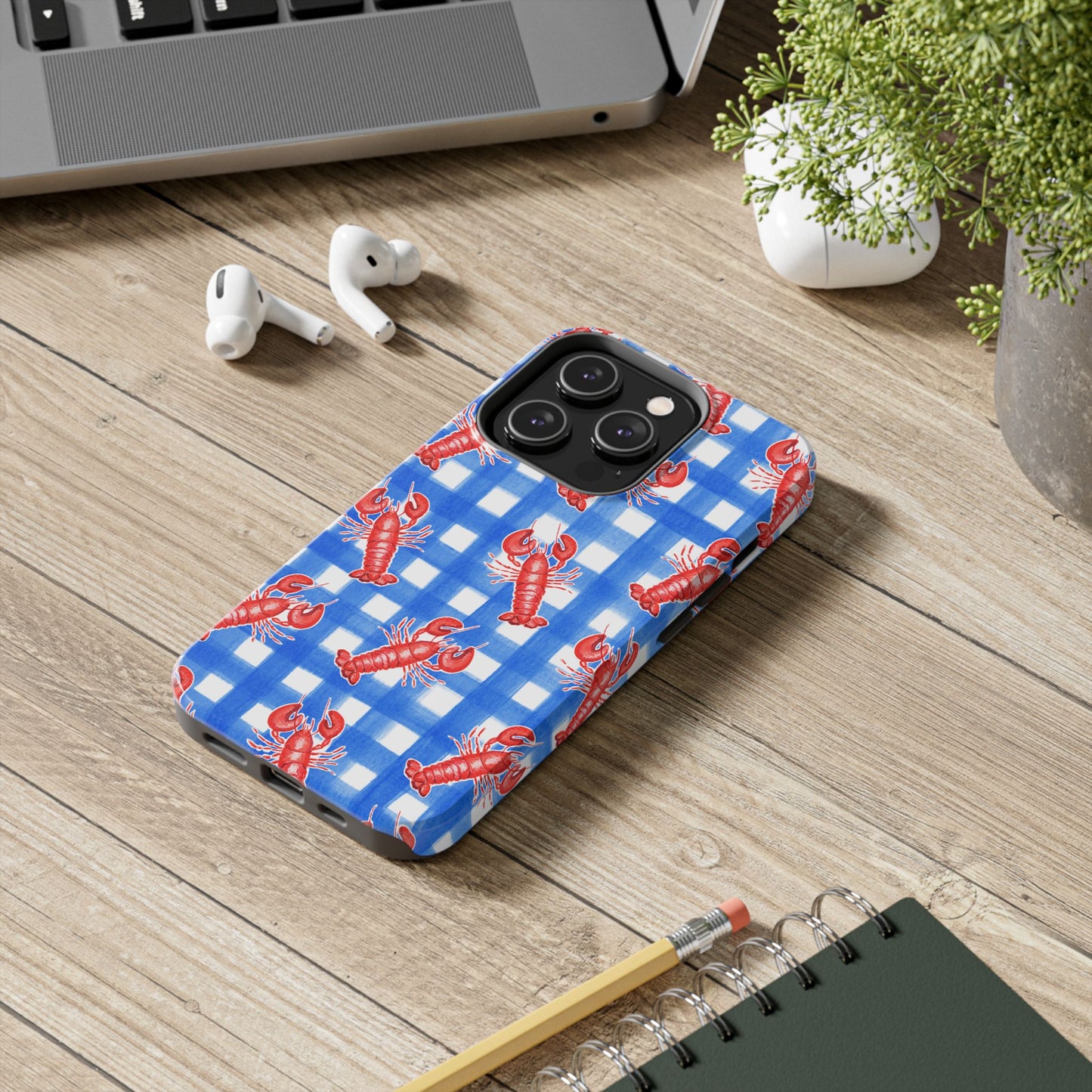 Blue Gingham Red Lobster Watercolor Patterned Phone Case | Various Models