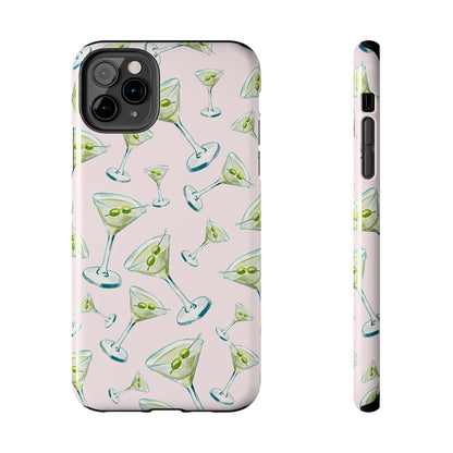 Watercolor Blue and Green Martinis Tossed Illustrated Pattern Blush Pink Tough Phone Case | Various Models