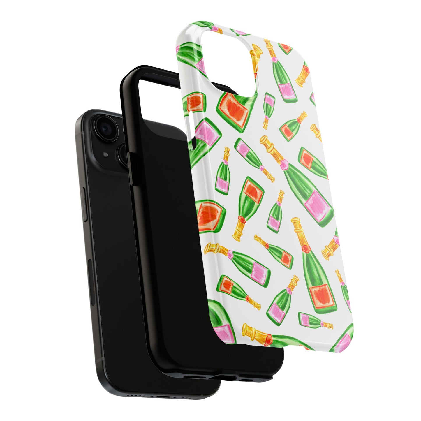 Tossed Pink and Green & Orange and Green Watercolor Illustrated Champagne Bottles Pattern Tough Phone Case | Various Models