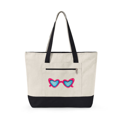 Hot Pink Heart Shaped Sunglasses Printed Zippered Canvas Tote 18" x 14" | Various Colors 18" x 14" x 4.5" Natural Black