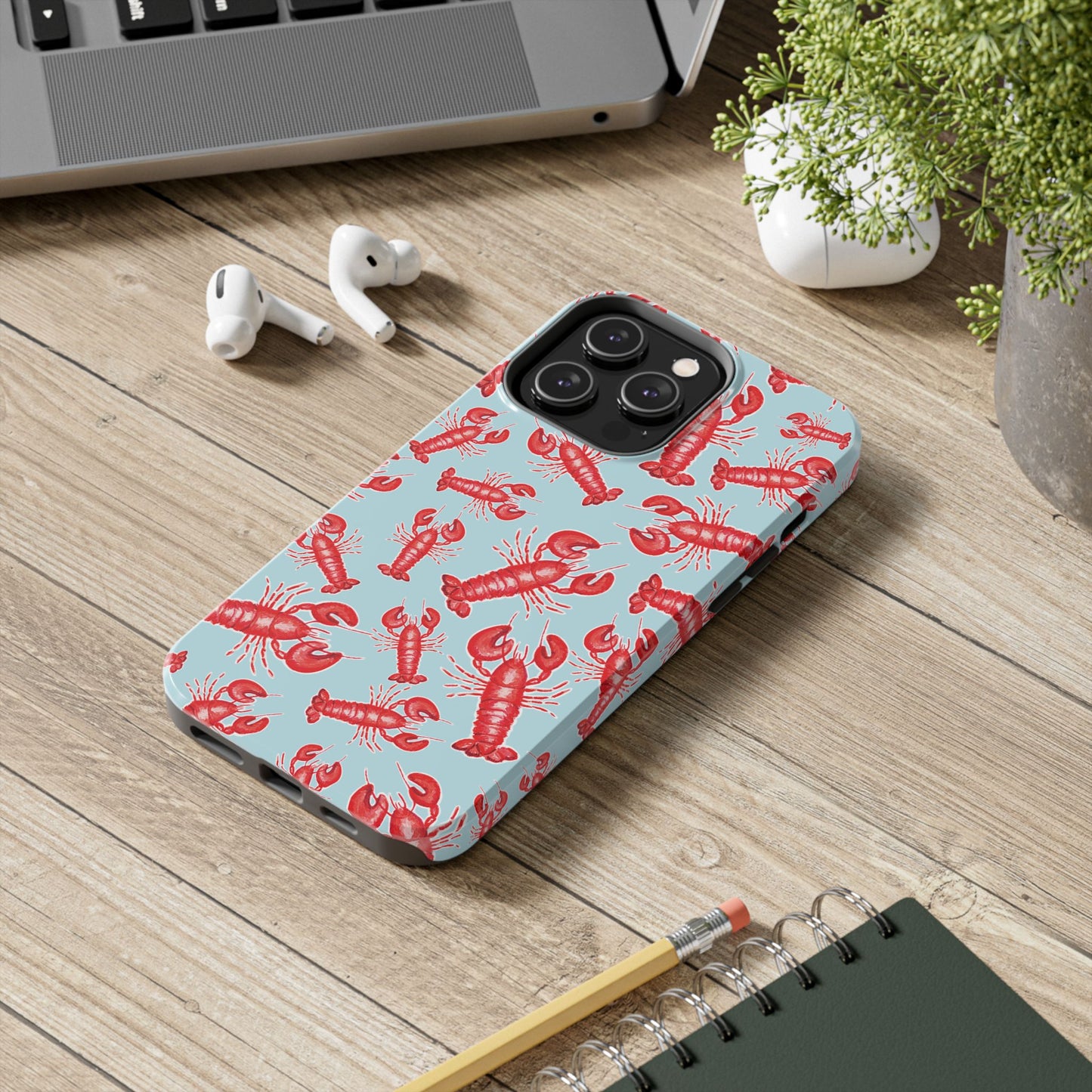 Red Lobster Watercolor Illustrated Tossed Pattern Light Blue Tough Phone Case | Various Models