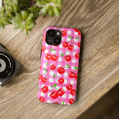 Tossed Red Watercolor Cherries Illustrated Pattern Light Pink Gingham Tough Phone Case | Various Models