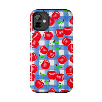 Tossed Red Cherries Blue Gingham Checkered Watercolor Illustrated Tough Phone Case | Various Models
