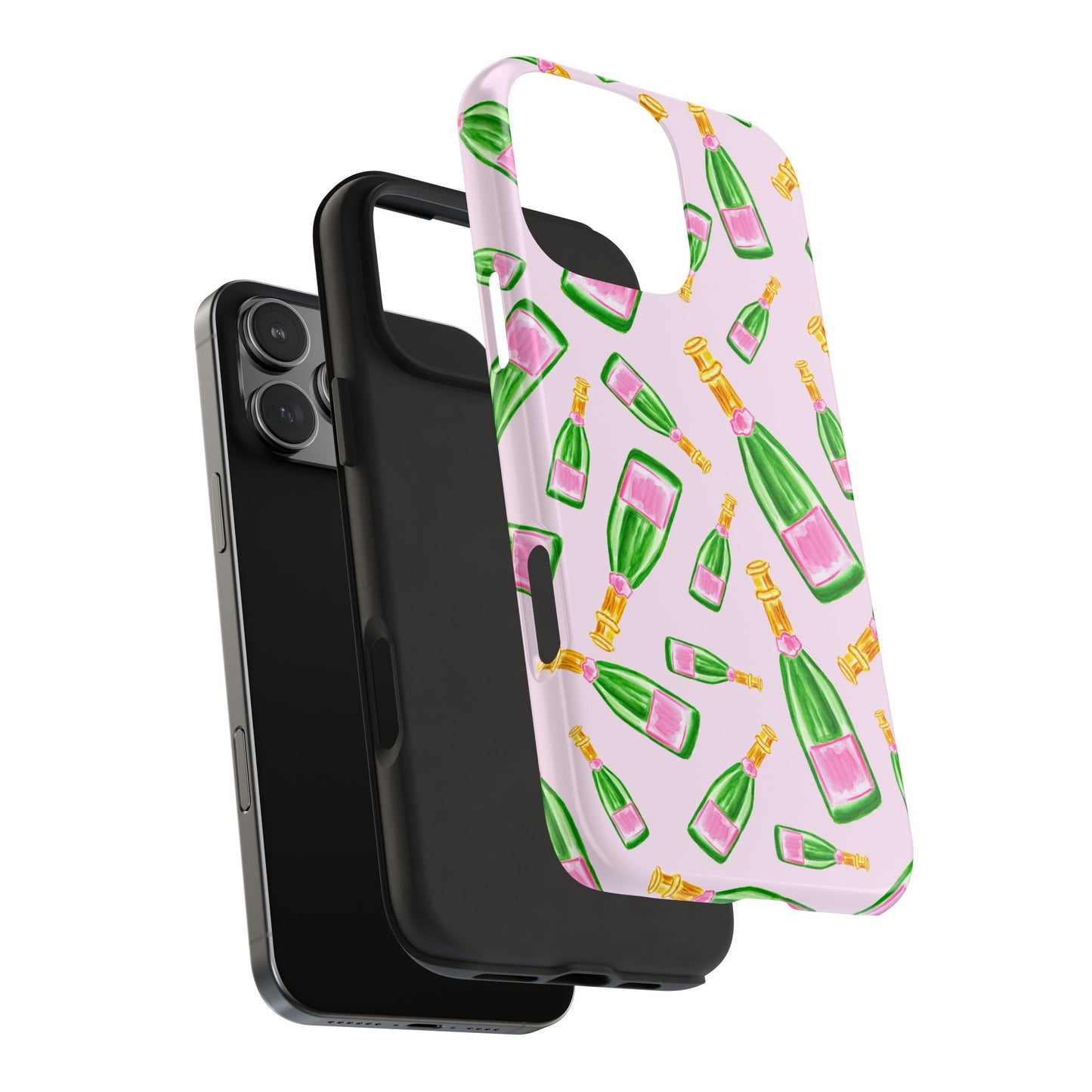 Tossed Pink and Green Watercolor Illustrated Champagne Bottles Pattern Blush Pink Tough Phone Case | Various Models