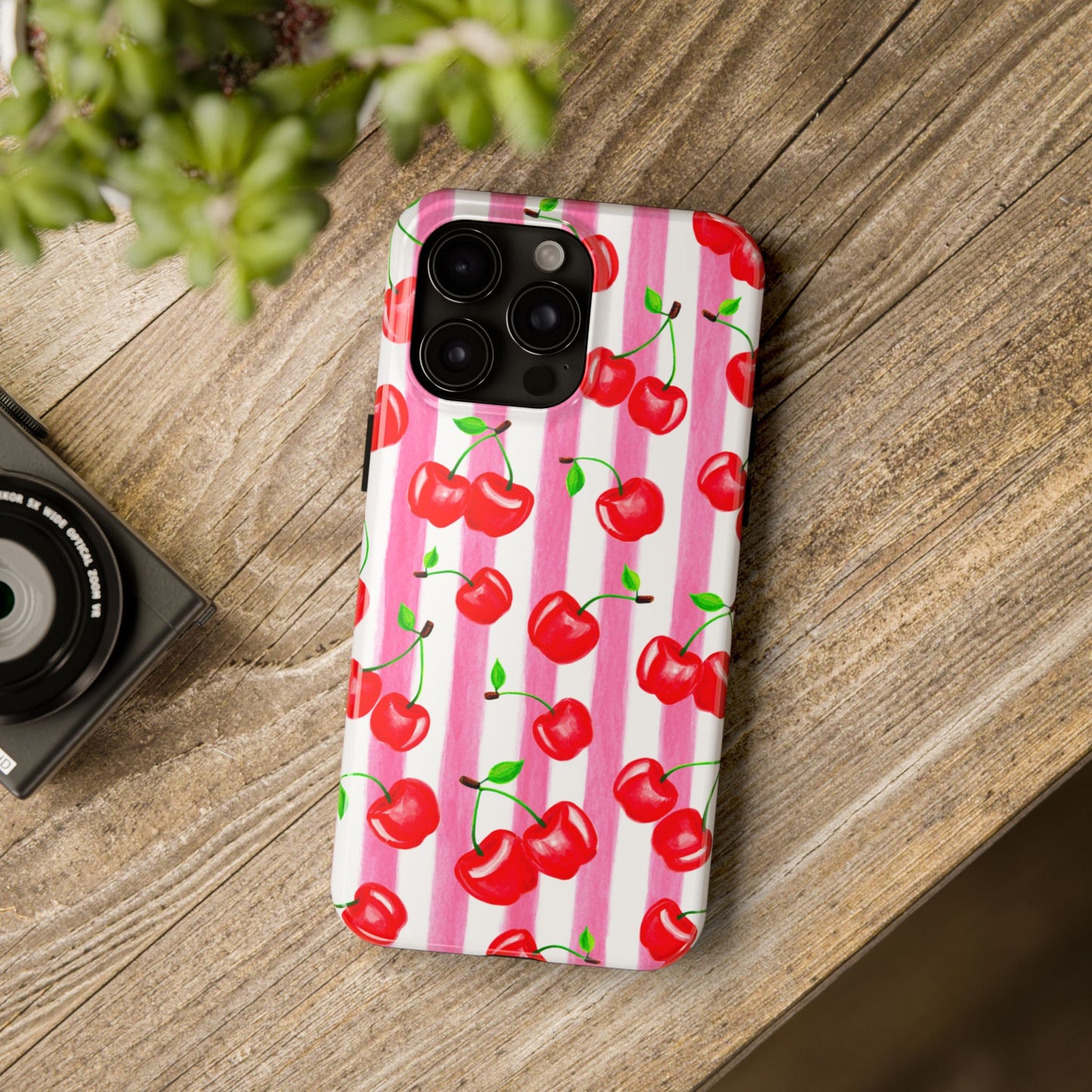 Tossed Red Watercolor Cherries Illustrated Pattern Light Pink Stripes Tough Phone Case | Various Models