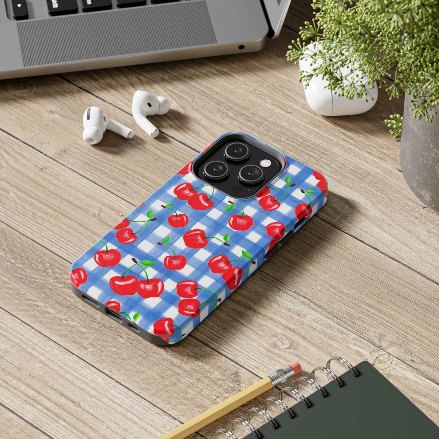 Tossed Red Watercolor Illustrated Cherries Light Blue Gingham Tough Phone Case | Various Models