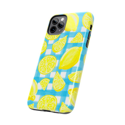 Yellow Lemons & Turquoise Gingham Watercolor Illustrated Tough Phone Case | Various Models Available