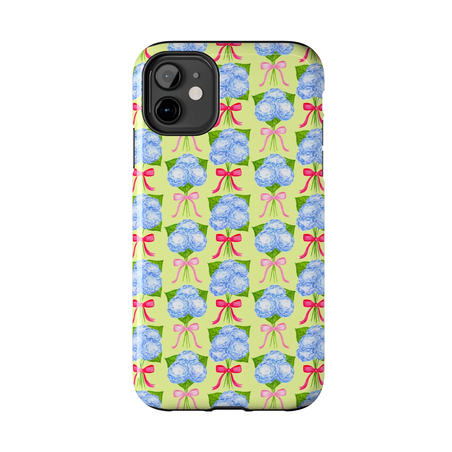 Watercolor Blue Hydrangea Bouquets with Hot Pink and Light Pink Bow Ribbons Illustrated Pattern Yellow Tough Phone Case | Various Models