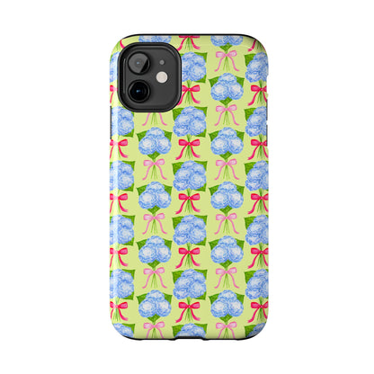 Watercolor Blue Hydrangea Bouquets with Hot Pink and Light Pink Bow Ribbons Illustrated Pattern Yellow Tough Phone Case | Various Models