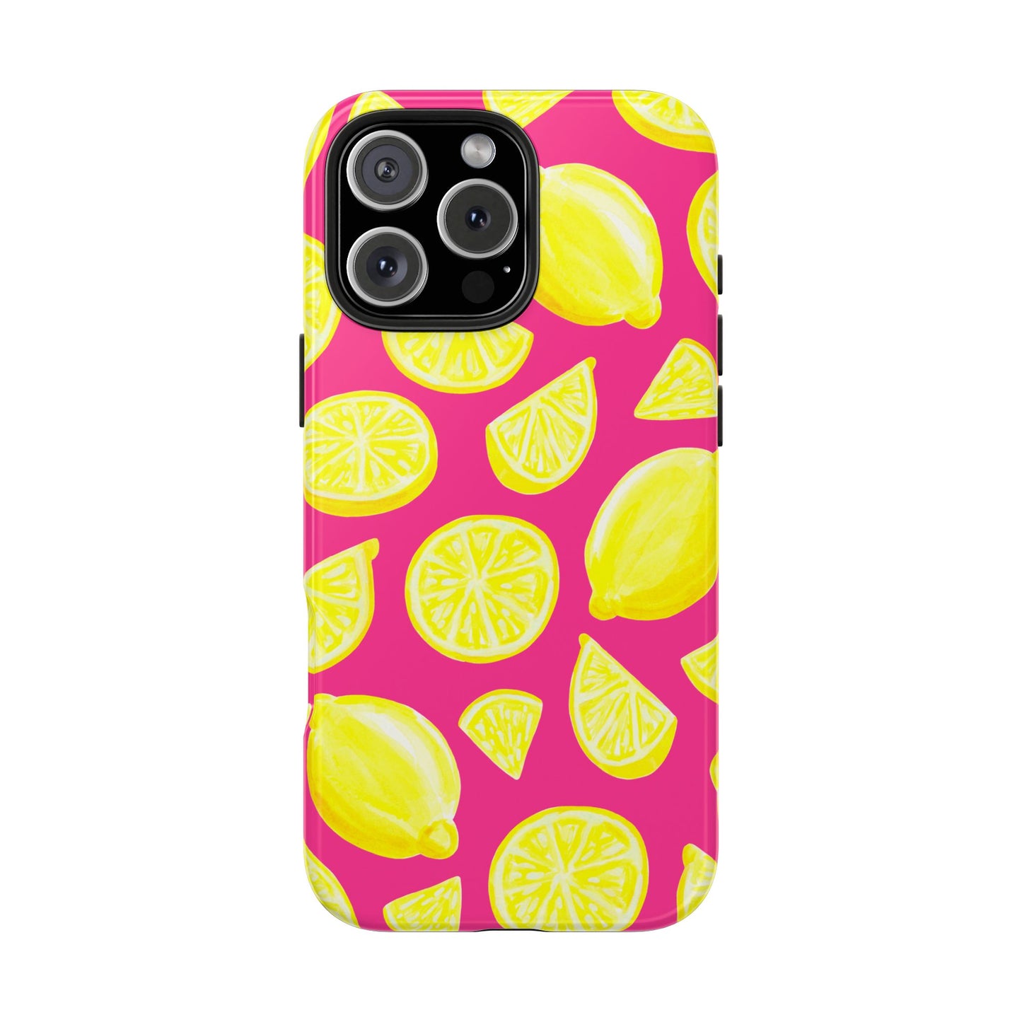Bright Yellow Lemons Watercolor Illustrated Tossed Pattern Watermelon Pink Tough Phone Case | Various Models