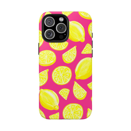 Bright Yellow Lemons Watercolor Illustrated Tossed Pattern Watermelon Pink Tough Phone Case | Various Models