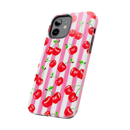 Tossed Red Watercolor Cherries Illustrated Pattern Light Pink Stripes Tough Phone Case | Various Models