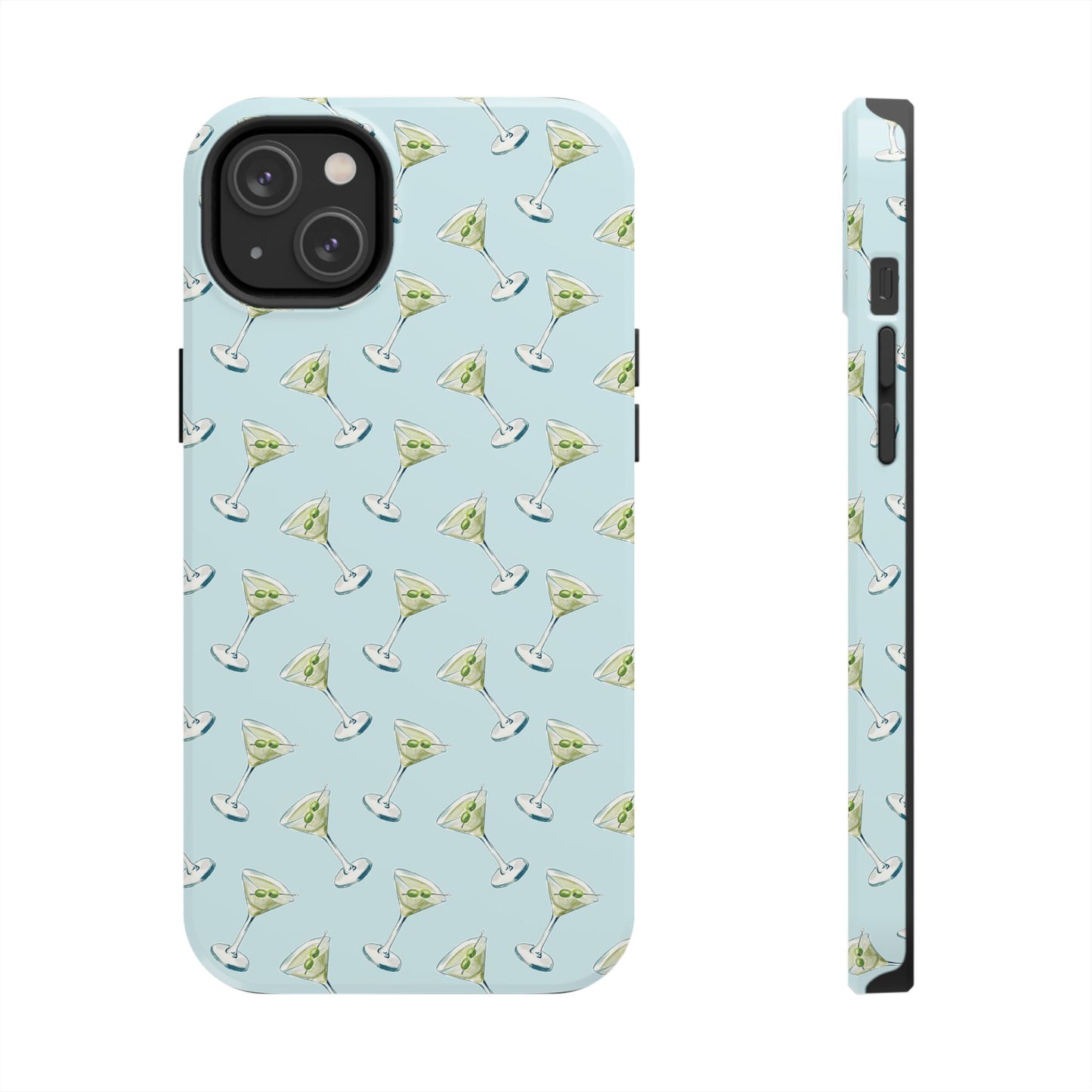 Blue Mini Martini Watercolor Illustrated Tossed Pattern Tough Phone Case | Various Models Available iPhone 14 Plus