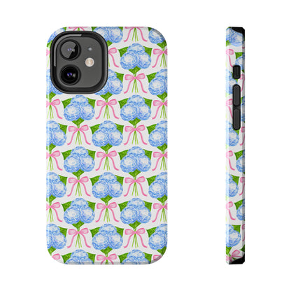 Blue Watercolor Hydrangea Bouqets with Light Pink Bows Watercolor Illustrated Patterned Tough Phone Case | Various Models