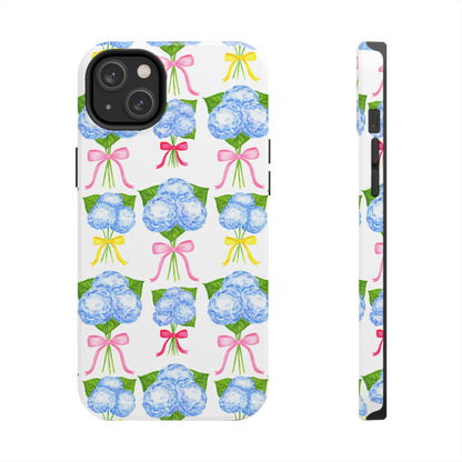 Blue Hydrangeas with Hot Pink, Yellow, Light Pink Bows Watercolor Illustrated Patterned Tough Phone Case | Various Models