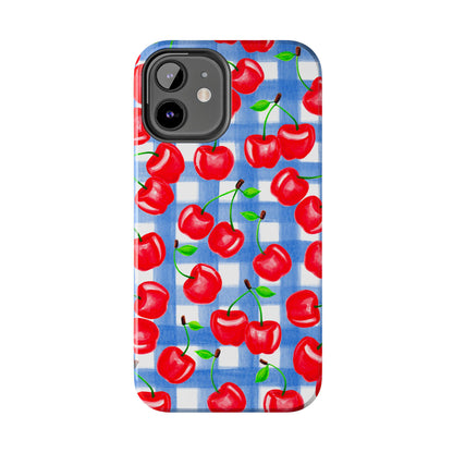 Tossed Red Cherries Blue Gingham Checkered Watercolor Illustrated Tough Phone Case | Various Models
