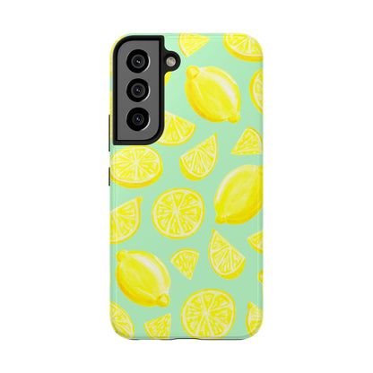 Bright Yellow Lemons Watercolor Illustrated Tossed Pattern Mint Green Tough Phone Case | Various Models